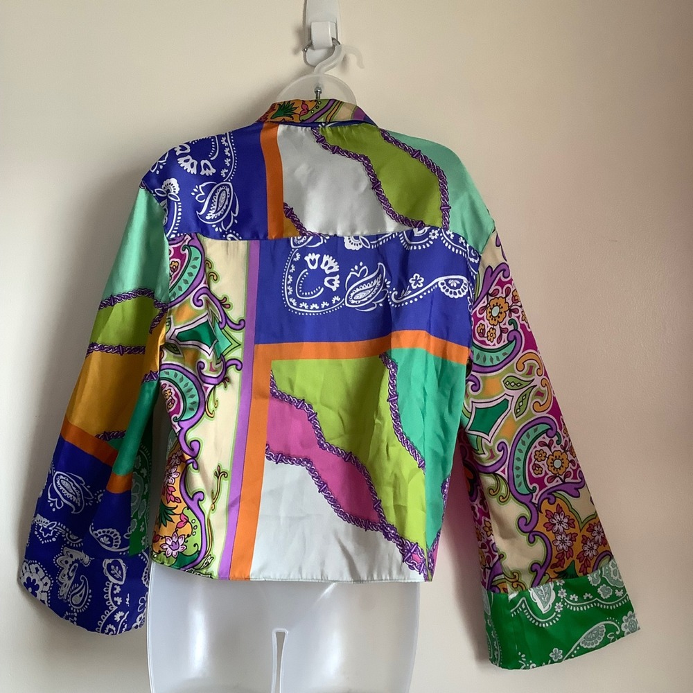 ZARA Womens Patchwork Scarf Print Satin Shirt Multi Color Paisley XL Crop Tie Fr - Picture 4 of 14
